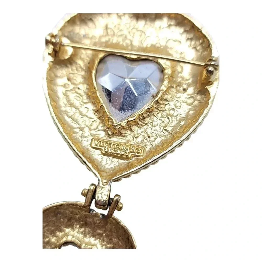 VICTORIA'S SECRET Signed Two Heart Red Crystal Dangle Brooch Pin Vintage